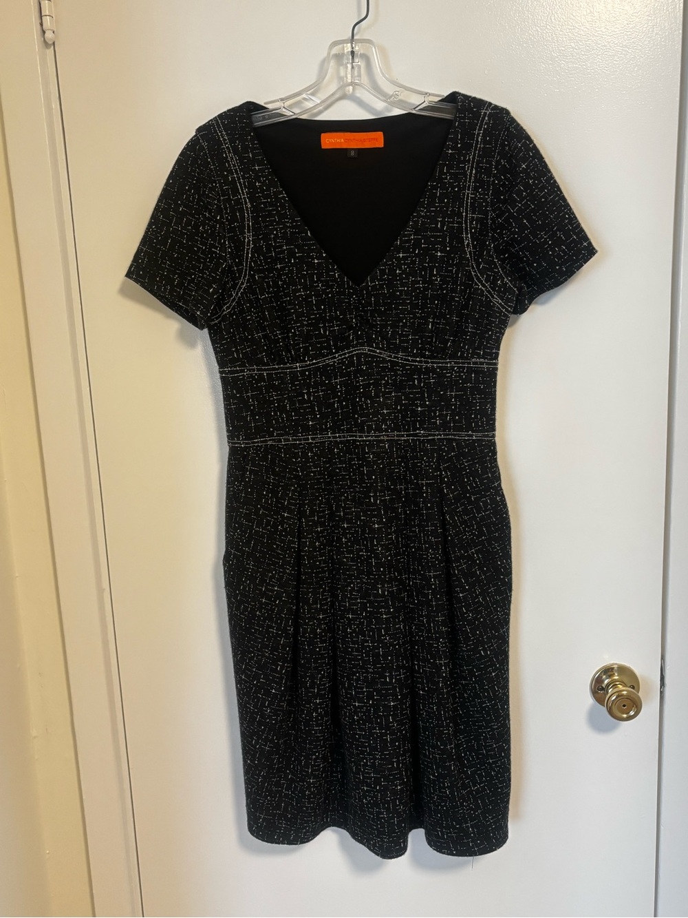 Black Textured V-Neck Short Sleeve Dress